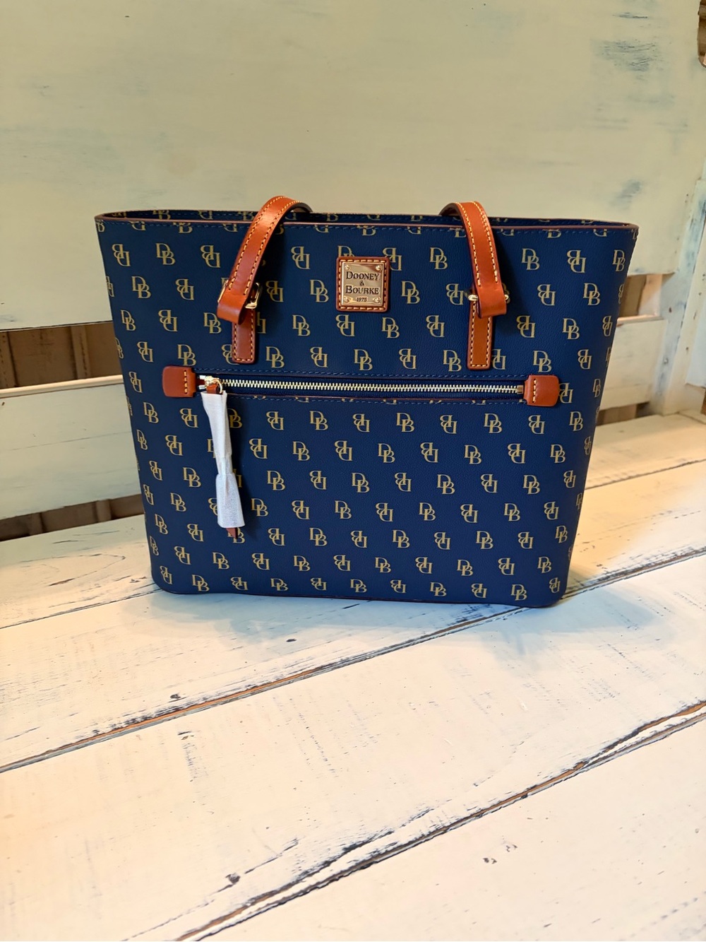 Dooney & Bourke Navy Blue Monogram Tote with Tan Trim